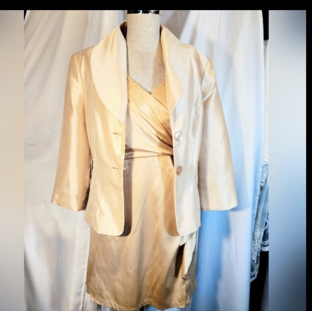 2 Pc: Satin Dress+Jacket: Gold Alyn Paige Short Party Dress+ Crop Jacket, 6